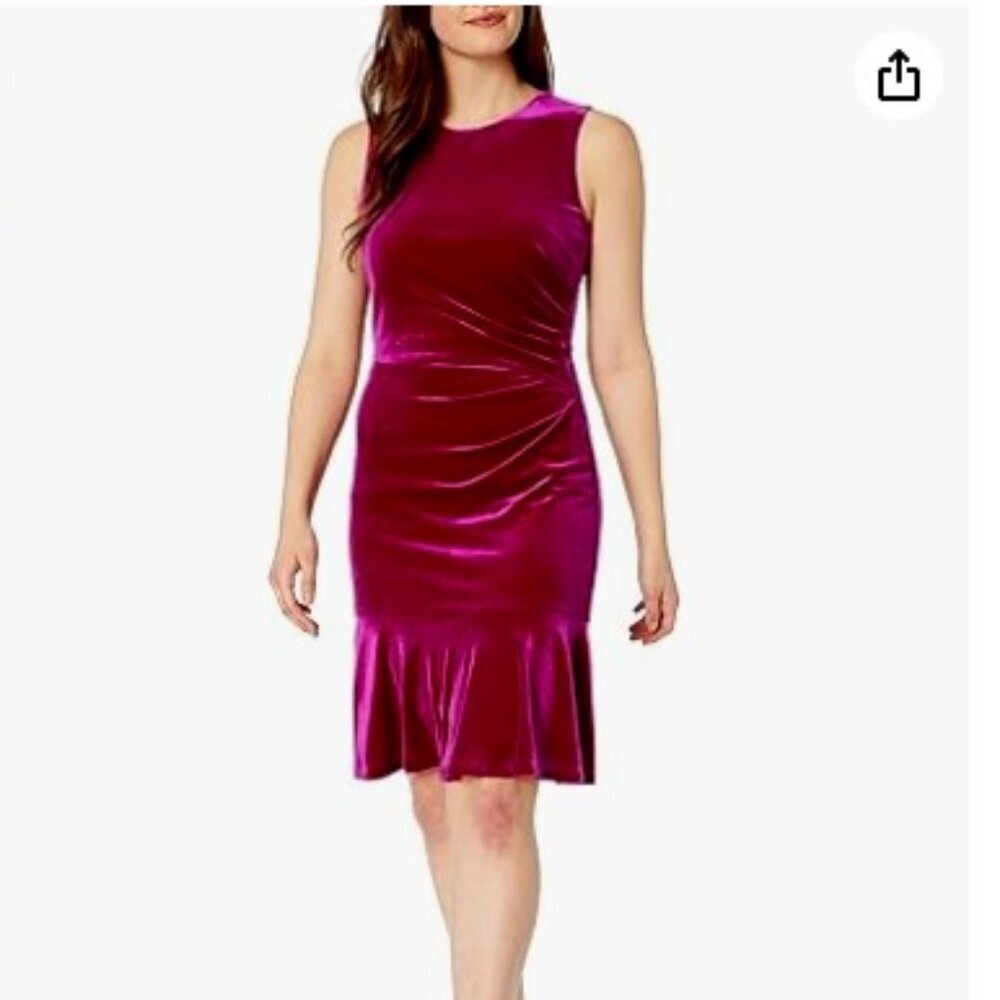 NWT ELIZA J Velvet Ruched Side Sheath Dress Flounce Hem Sleeveless Fuchsia 20W